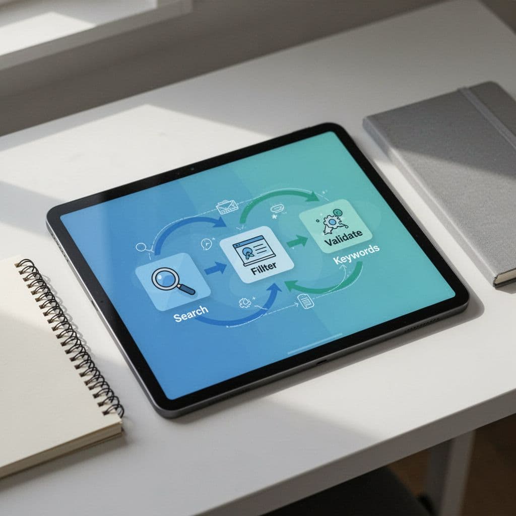 Modern illustration of a flowchart on a digital tablet screen showing keyword discovery steps like search, filter, and validate, connected by arrows, on a desk with notebook, blues and greens palette, soft lighting, landscape ratio.