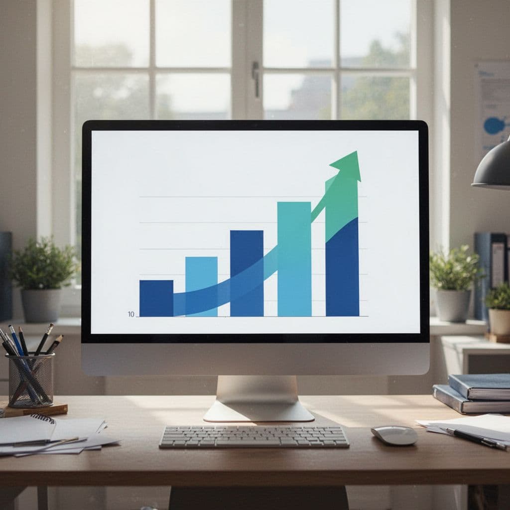 Modern illustration featuring a bar chart on a computer monitor comparing search volume growth for keywords like AI agents and workflow automation, using a clean blues and greens palette against an office window background.