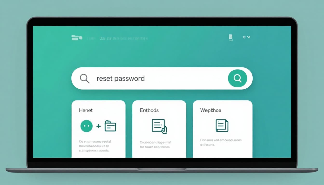 Modern illustration of a central search box with 'reset password' query, displaying relevant article results as cards with icons in an intuitive desktop layout, using clean shapes and a blue-green palette.