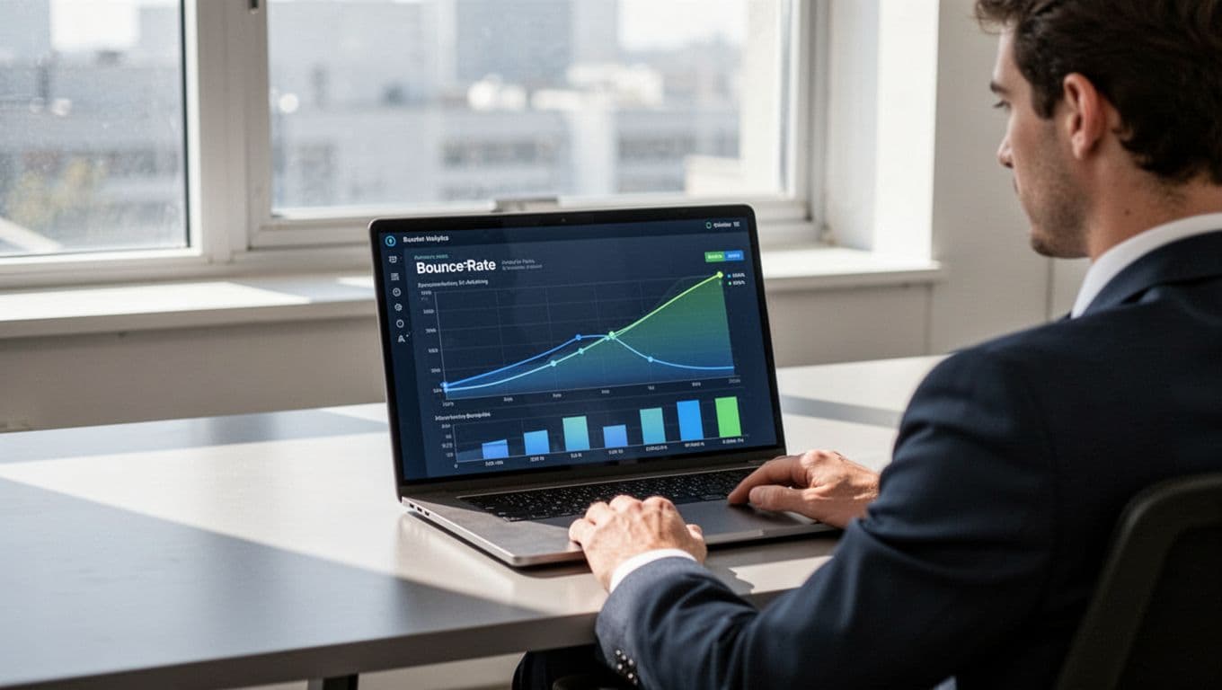 Modern illustration of a clean website analytics dashboard on a laptop screen in a bright office, featuring a graph with a downward trend in bounce rate from 70% to 40%. An analyst is seated comfortably viewing the simple charts and metrics.