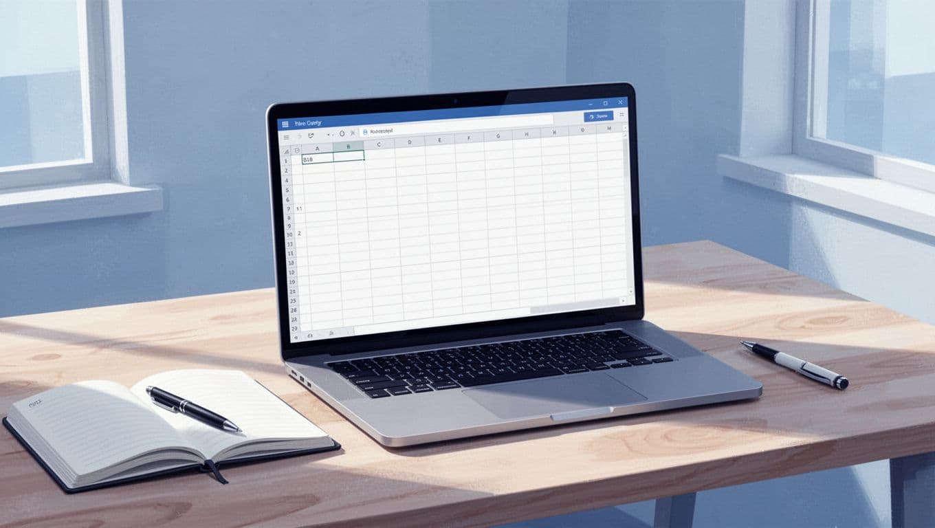 Illustration of a laptop on a modern desk displaying a blank Google Sheets interface ready for client intake data with faintly suggested columns for name, email, phone, and service. Nearby notebook and pen, natural daylight, clean modern style in cool blue and white palette.