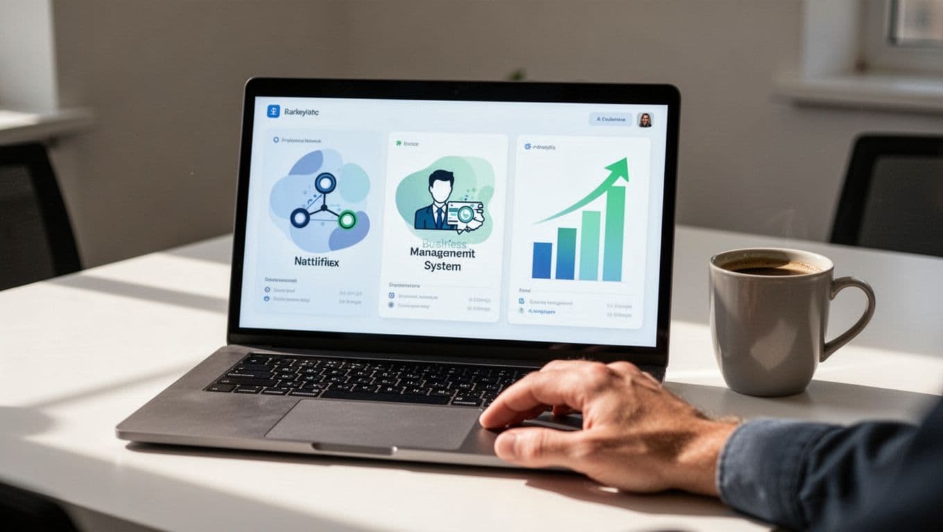 Modern illustration of a clean dashboard interface on a laptop screen displaying LinkedIn, CRM icons, and rising analytics charts, positioned on a desk with a nearby coffee mug and resting hand, in a controlled blue-green palette with soft office lighting.