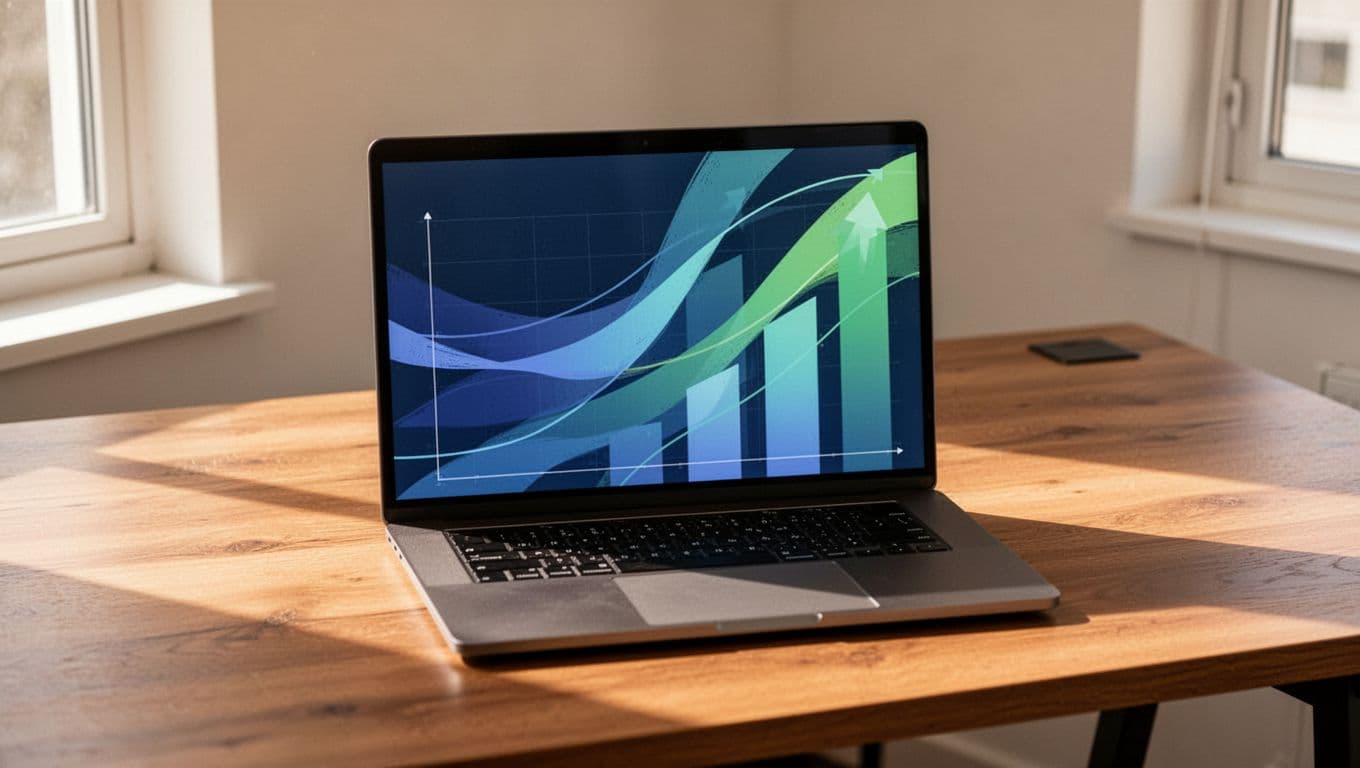 Modern illustration of a laptop on a wooden desk showing a simple trend dashboard with upward curving growth charts for early consumer trends like phygital shopping and value hunting products. Clean shapes, blue and green color palette, soft natural lighting, strong centered composition, no people, text, or logos.