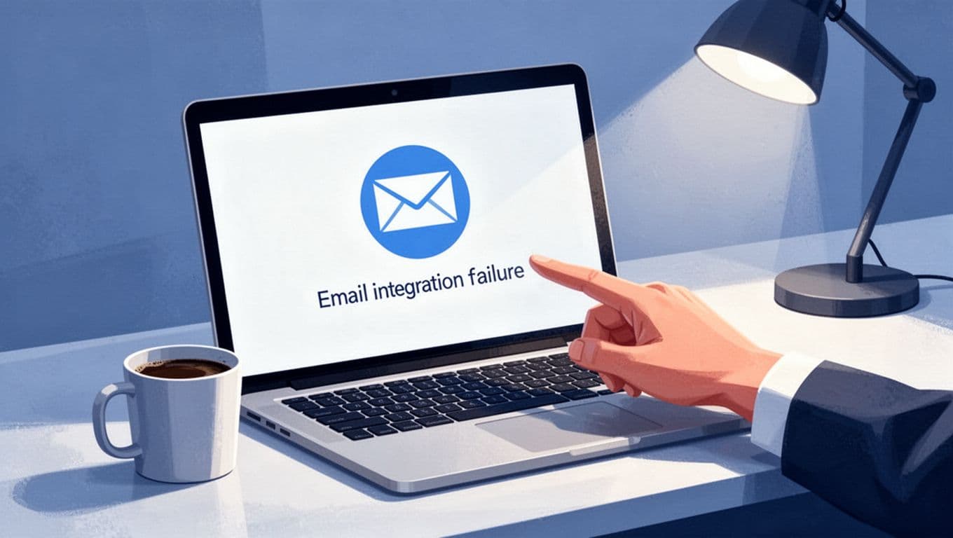 Laptop screen shows email connection error icon, hand points at it beside coffee mug on desk.