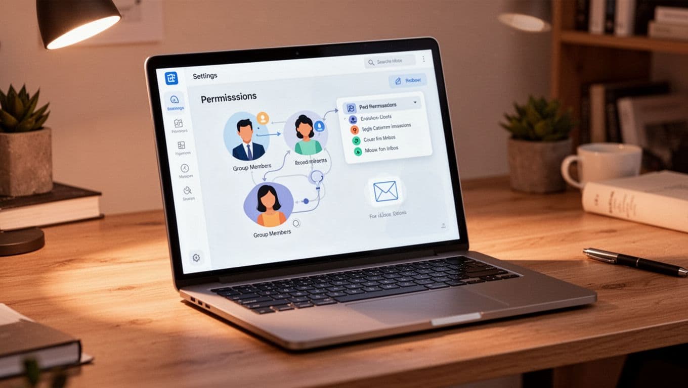 Close-up illustration of a laptop screen displaying abstract settings menu for email group configuration with icons for members, permissions, and inbox options on a wooden desk in a home office.
