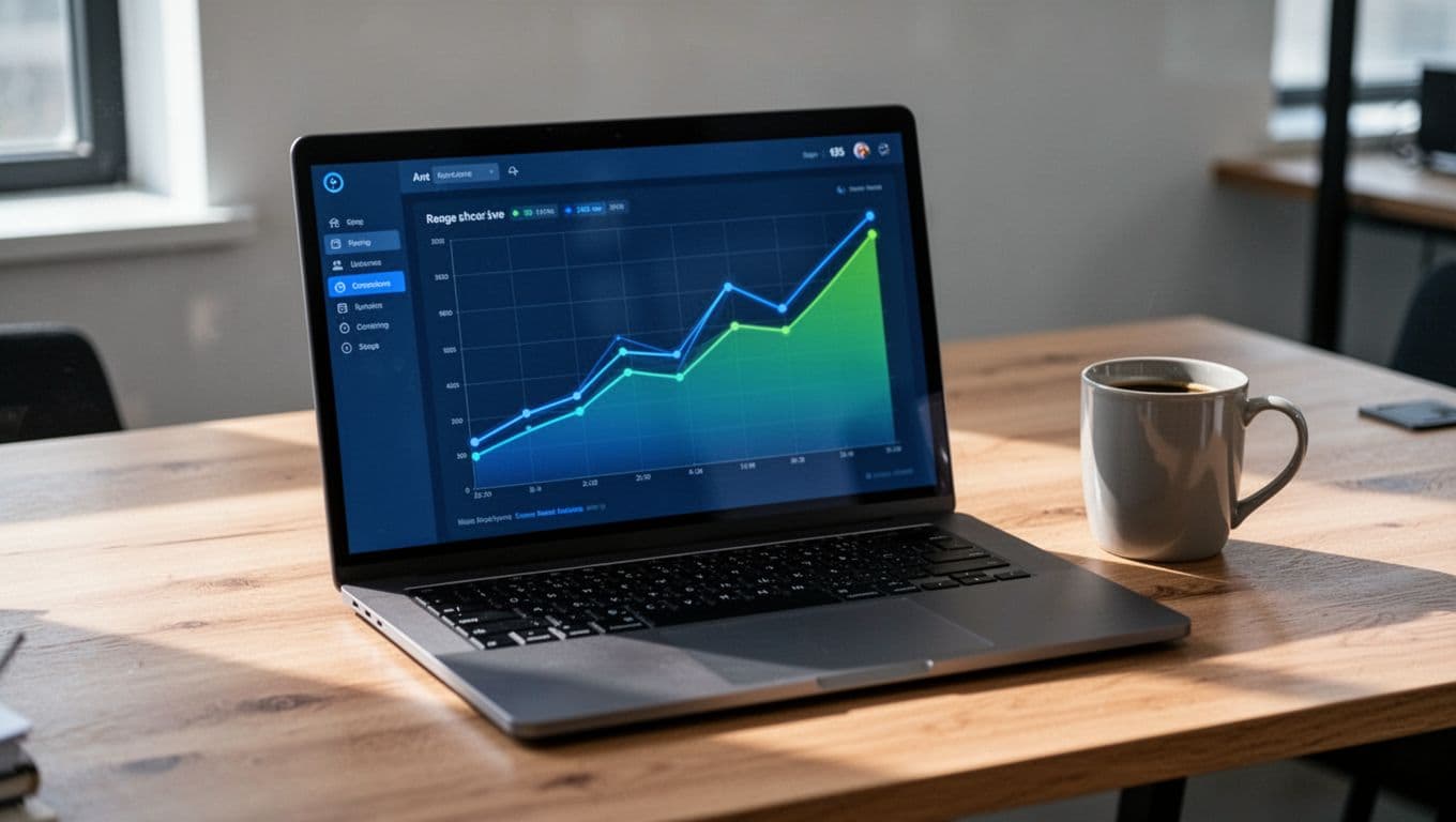 Modern illustration of a laptop on a wooden desk showing an Exploding Topics-style dashboard with rising trend graphs in blue and green lines, alongside a coffee mug in natural office lighting.