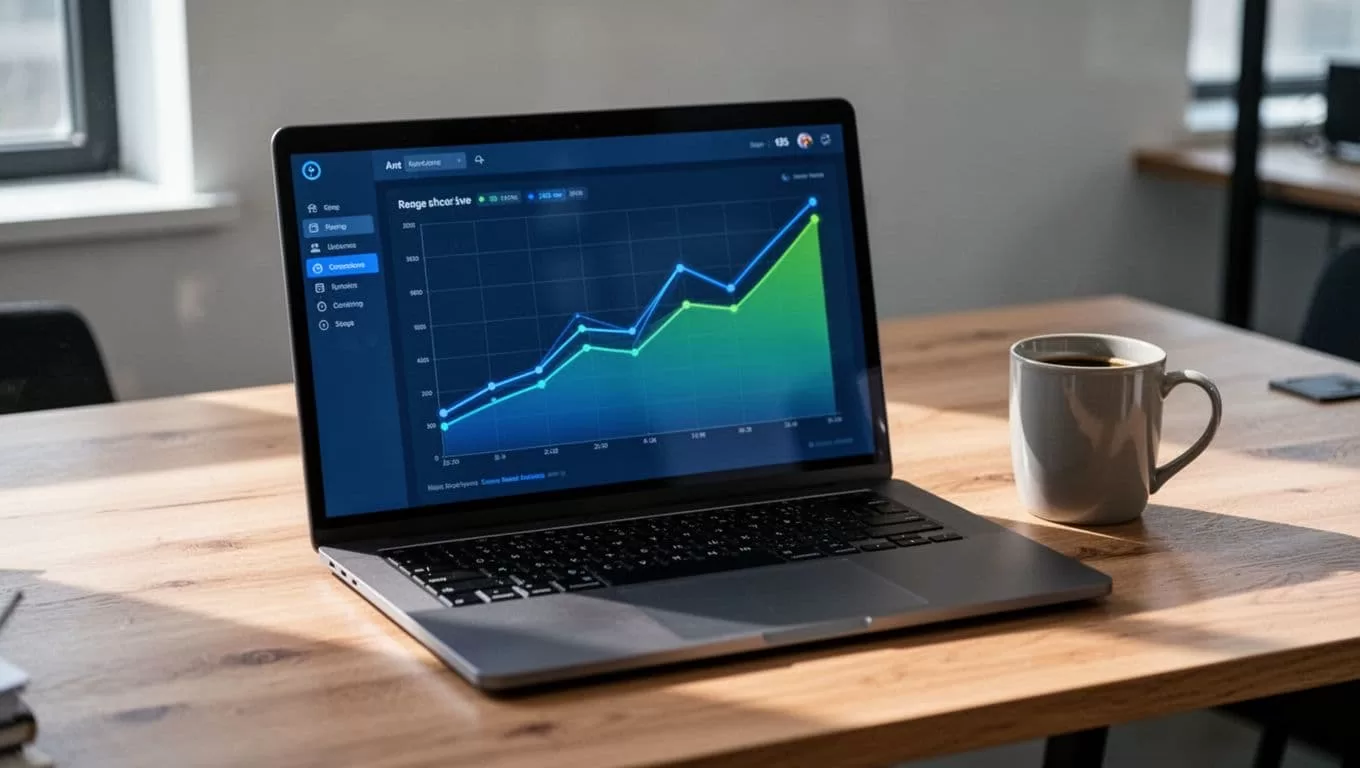 Modern illustration of a laptop on a wooden desk showing an Exploding Topics-style dashboard with rising trend graphs in blue and green lines, alongside a coffee mug in natural office lighting.