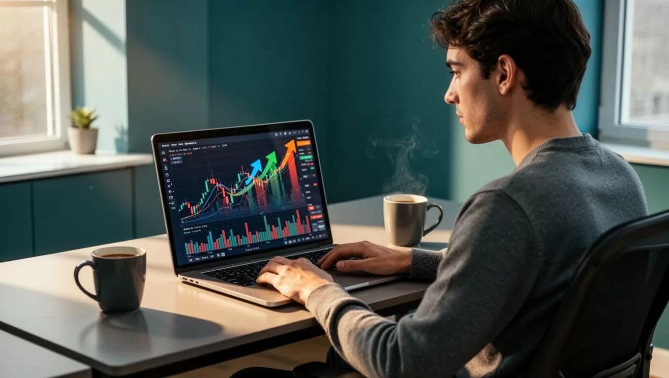 Modern illustration in blue-green tones: laptop open to investing app with portfolio graphs and growth arrows, person viewing from side in home office, coffee nearby, soft lighting focusing on screen excitement.