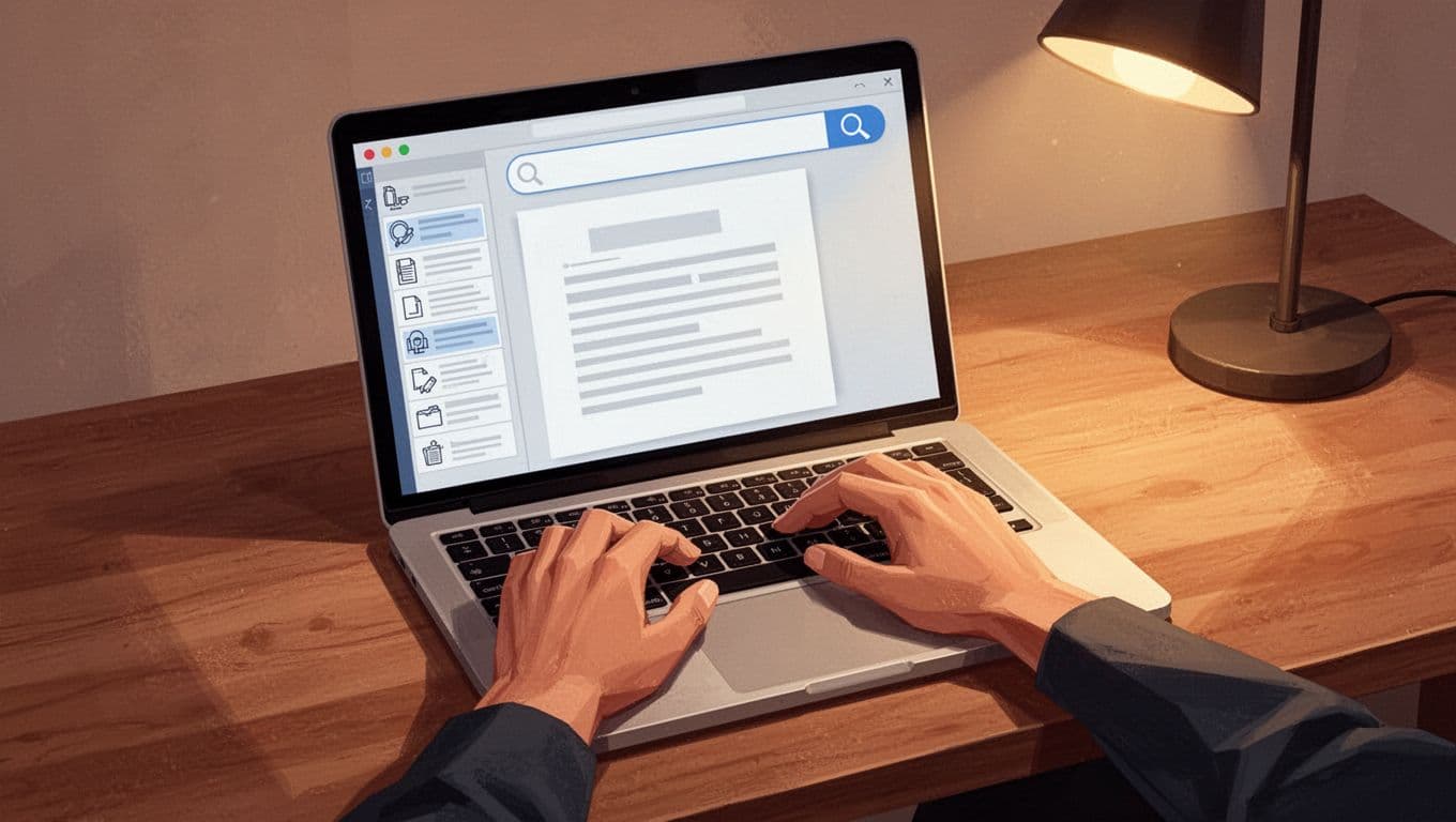 Modern illustration of a laptop screen showing a PDF viewer with table of contents sidebar icons and highlighted search bar magnifying glass, hands relaxed on keyboard, wooden desk with soft lamp light.