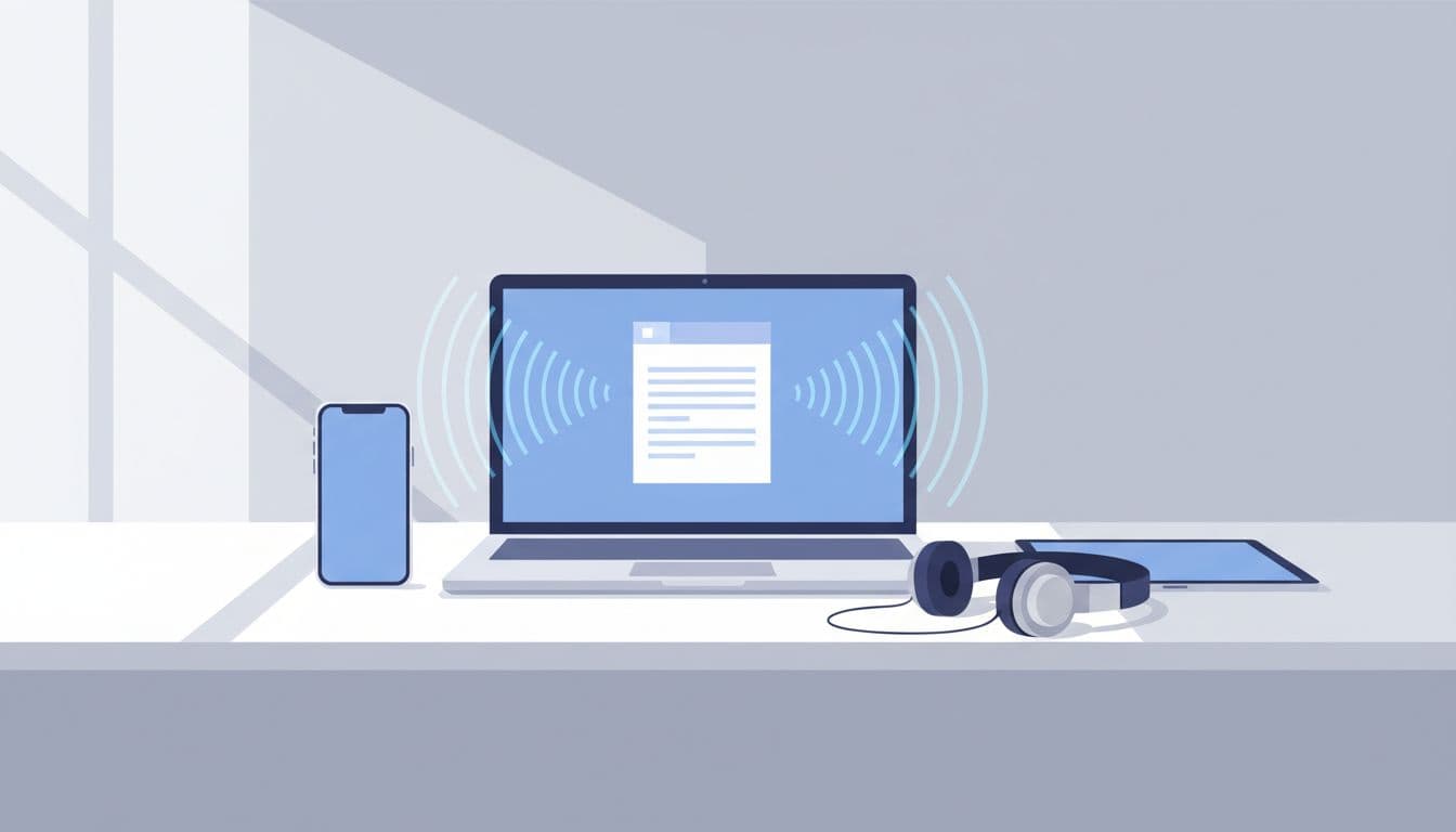 Laptop on minimalist desk displays document emitting sound waves, next to smartphone, tablet, and headphones.