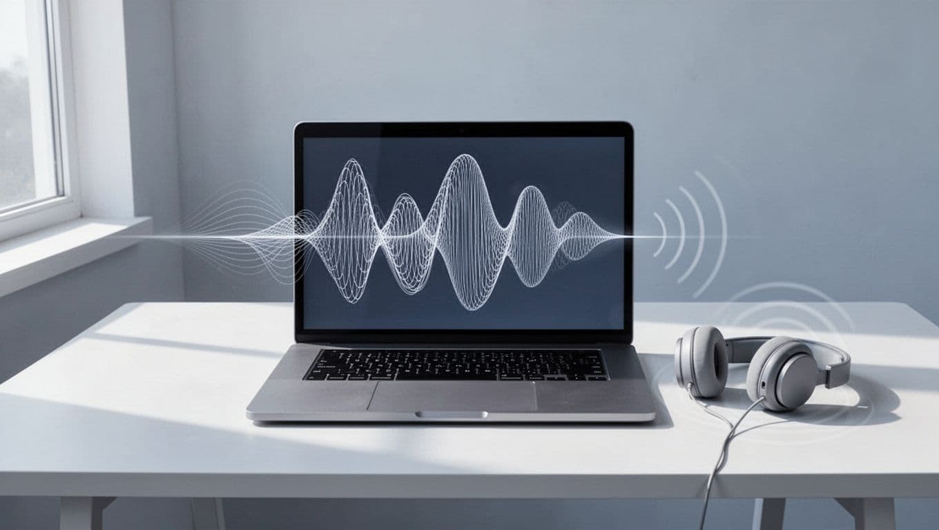 Modern illustration featuring text on a laptop screen transforming into a speech waveform connected to headphones output, using a clean palette of soft blues, grays, and whites with strong composition.