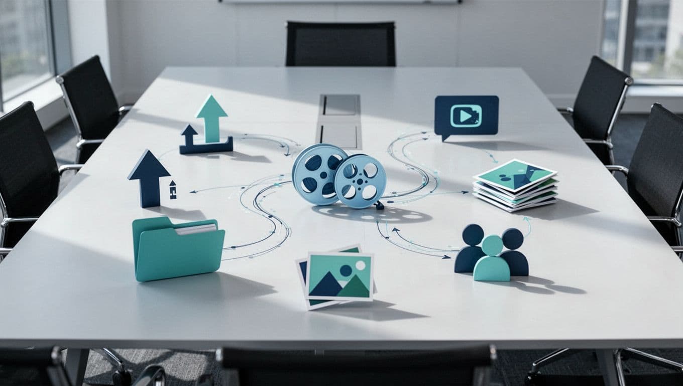 Clean conference table adorned with icons for large file transfer tools including upload arrows, video reels, design folders, photo stacks, and client avatars, connected by smooth data flow lines in a modern illustration style with blue-green palette.