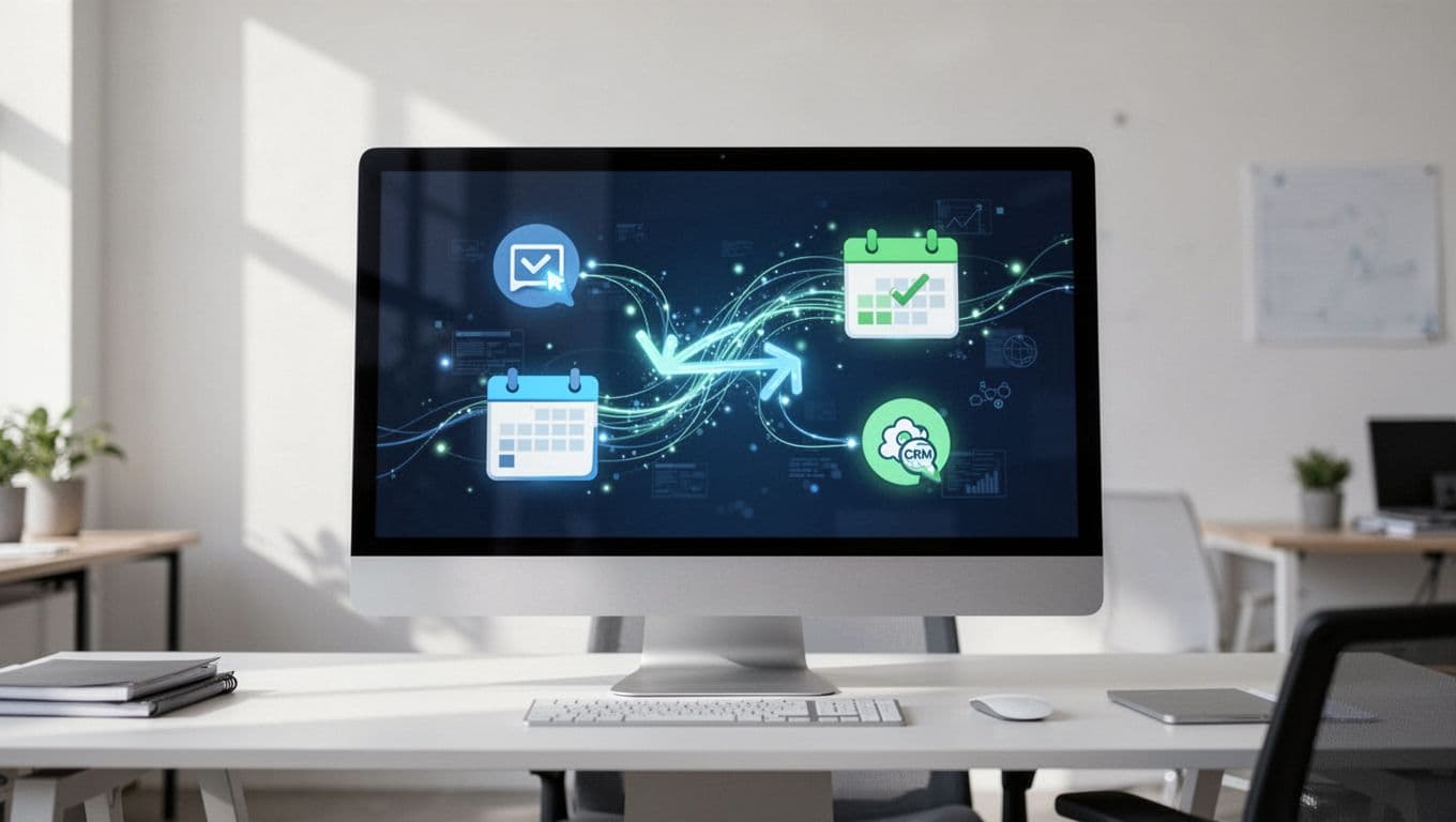 Modern illustration of a law firm receptionist screen showing incoming website lead routed via Zapier to calendar booking and CRM entry, with a simple dashboard on a single office monitor.