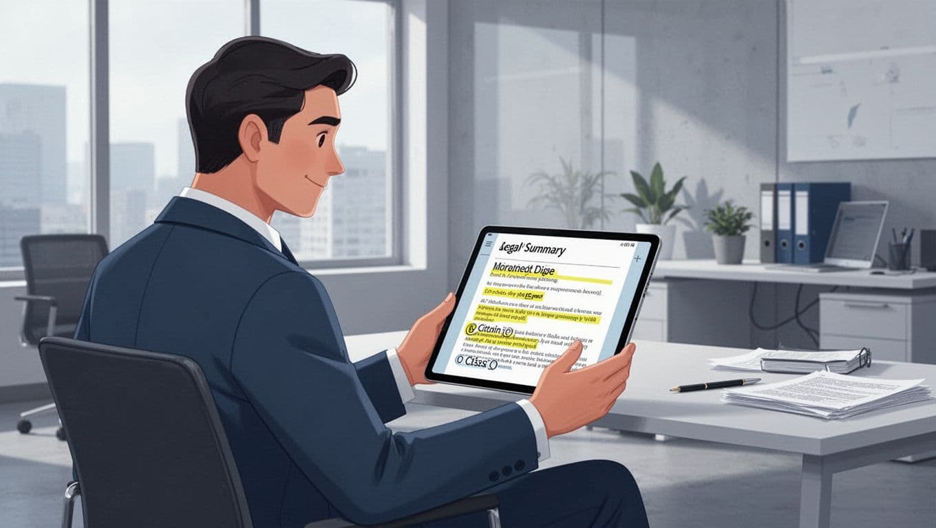 Modern illustration of a lawyer in a softly lit office holding a tablet displaying a summarized legal PDF with visible highlights and citations, in a relaxed natural pose.