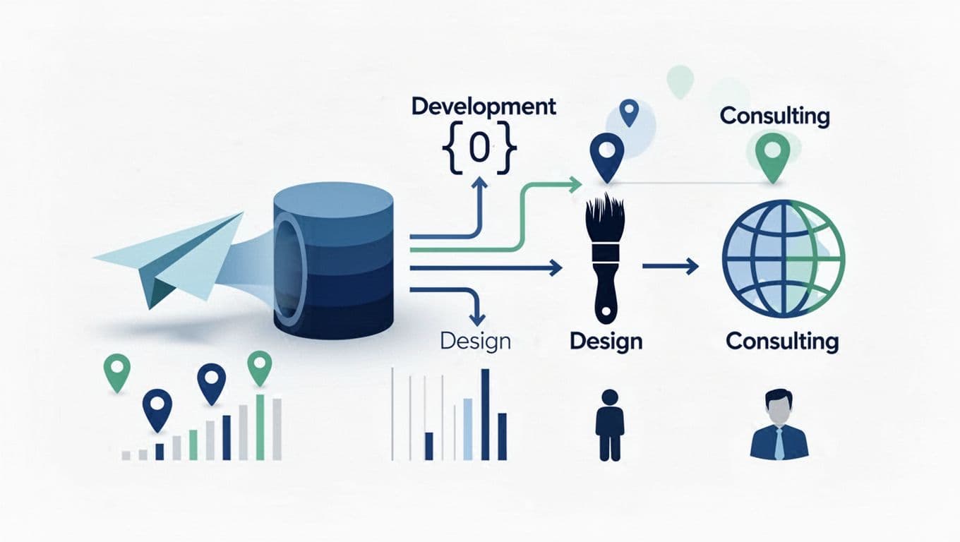 Modern illustration in blues and greens showing abstract flowchart from website form icon (paper plane) to Airtable database, branching via service types (code, design, consulting), location pins, company size to assignee icons on minimal white background.