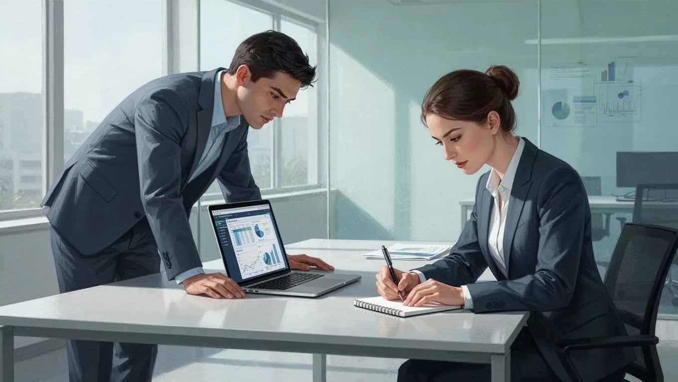 Modern illustration of a small lean sales team at a shared desk in a bright office, one searching emails on a laptop angled away from text, the other noting on notepad, with clean shapes in blue-green tones.