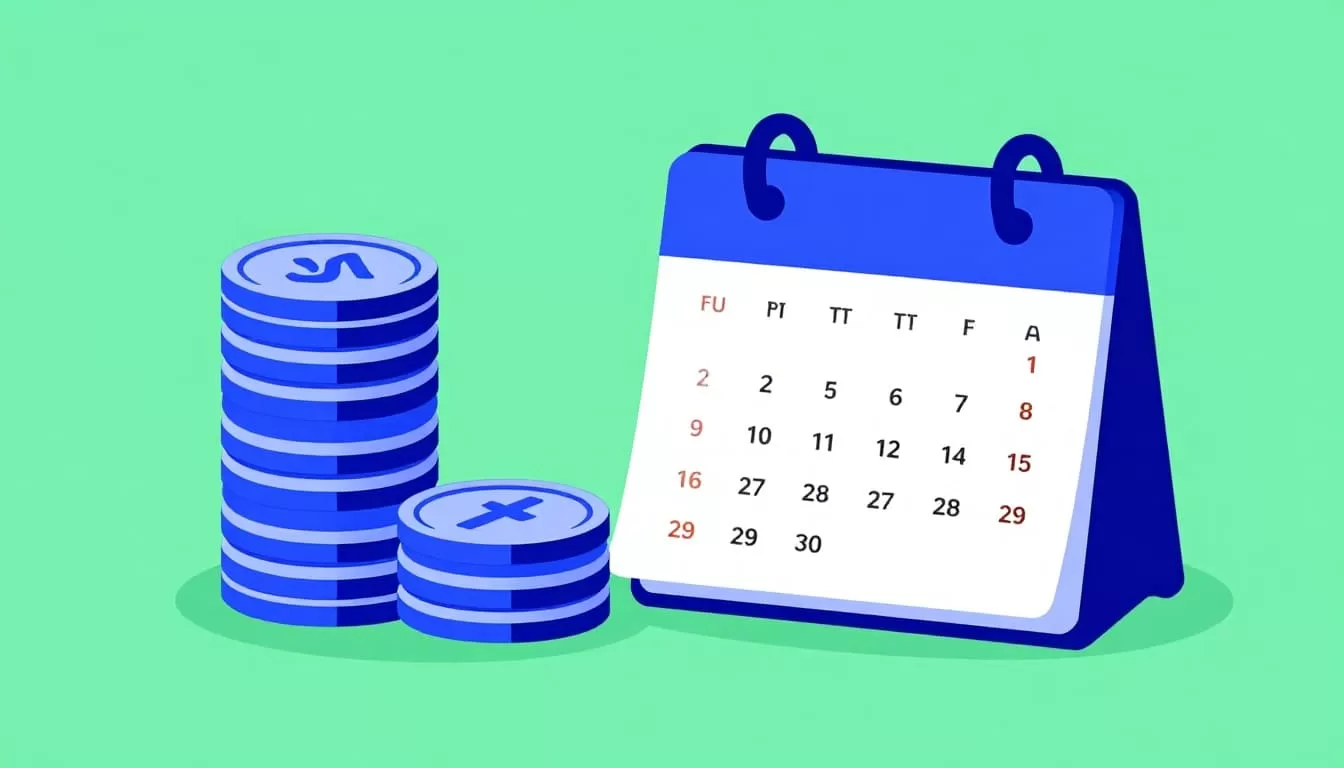 Modern illustration featuring a stack of coins and credit icons next to a small team calendar on a simple desk setup, using clean shapes in a controlled blue-green palette with strong composition and natural light.