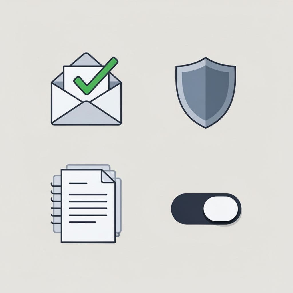 Modern flat design illustration of clean checklist icons representing legal email compliance steps such as public sources, verified emails, and opt-out options, with neutral background and consistent style.