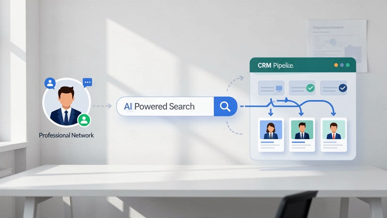 Illustration of a streamlined candidate sourcing workflow with LinkedIn profile icons, AI search bar, candidate cards with skills flowing into a CRM pipeline board. Modern style featuring clean shapes, blue and green palette, minimal background, no people, text, or logos.