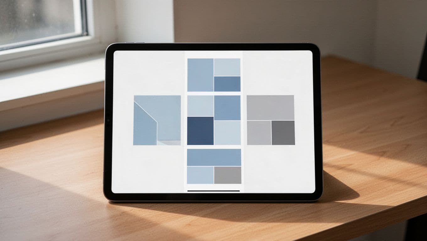 A modern desk setup with a tablet displaying a sequence of five minimalist illustrated LinkedIn carousel slides, featuring structured content like hook, title, tips, and CTA in clean shapes, soft blues and grays, under natural daylight lighting.