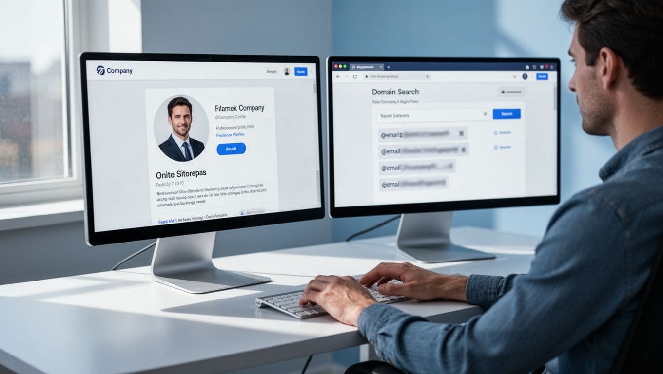A single person at a modern desk with dual screens: left displaying a blurred LinkedIn profile, right showing Hunter.io domain search interface, in a clean office with blue-white palette.