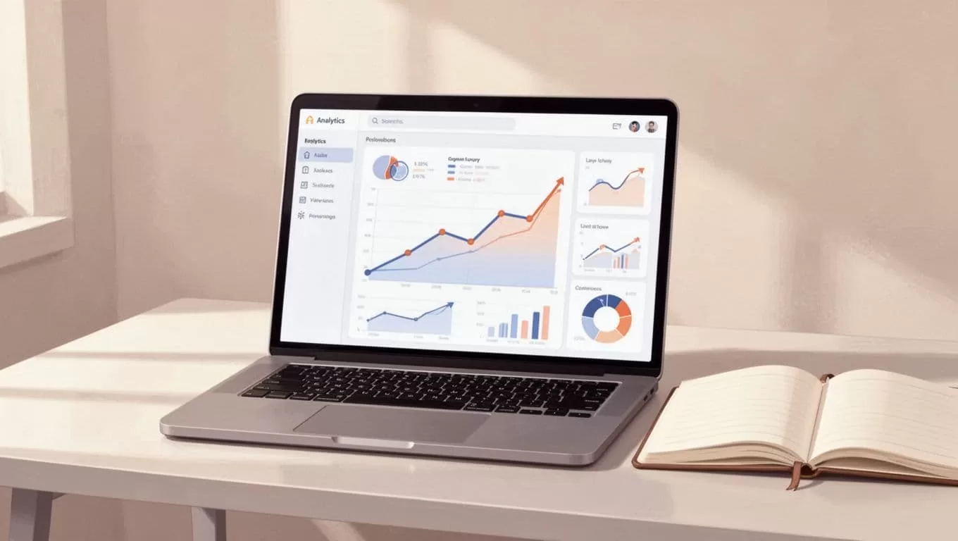 Illustration of a laptop displaying a clean analytics dashboard for LinkedIn post performance, featuring rising trend charts and graphs on a desk with notebook, in modern style with soft palette and neutral background.