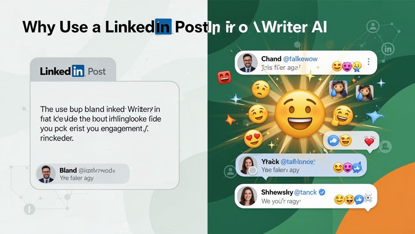 Modern illustration in split composition showing a bland LinkedIn post transformed into an engaging viral one, with plain text on the left and dynamic emojis, reactions, comments on the right, against a professional network background using clean shapes and greens-oranges palette.