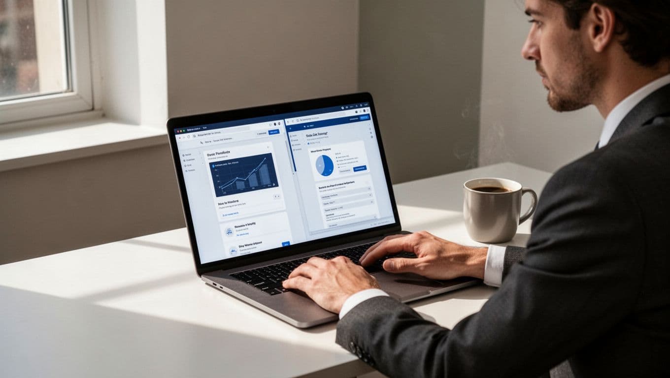 Modern illustration of a sales professional at a clean desk with laptop open to LinkedIn Sales Navigator and Hunter.io dashboards side by side, coffee mug nearby, in a focused workspace with soft natural light and clean composition.