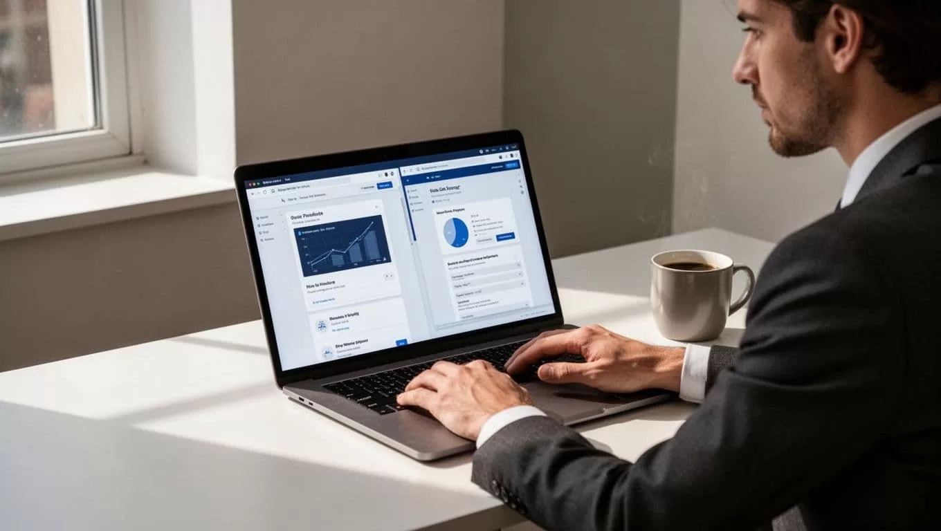 Modern illustration of a sales professional at a clean desk with laptop open to LinkedIn Sales Navigator and Hunter.io dashboards side by side, coffee mug nearby, in a focused workspace with soft natural light and clean composition.
