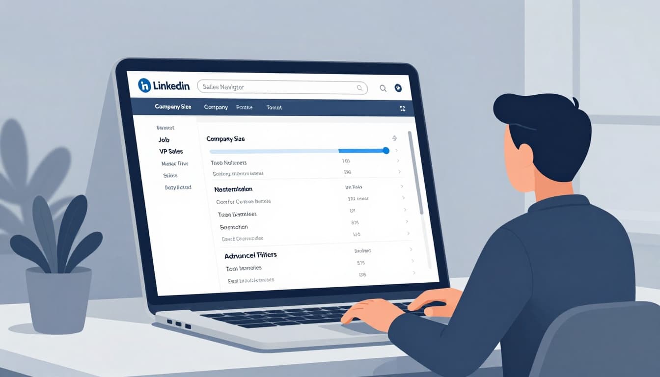 Modern illustration of a focused sales professional at a desk with laptop open to LinkedIn Sales Navigator showing VP Sales job title filter and company size slider, in muted blues and grays with simple office background.