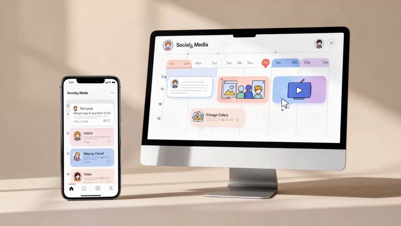 Modern illustration of a LinkedIn feed displaying scheduled posts icons on a mobile phone and desktop, featuring a timeline calendar view with simple icons for text, image, carousel, and video posts in a clean, neutral style.
