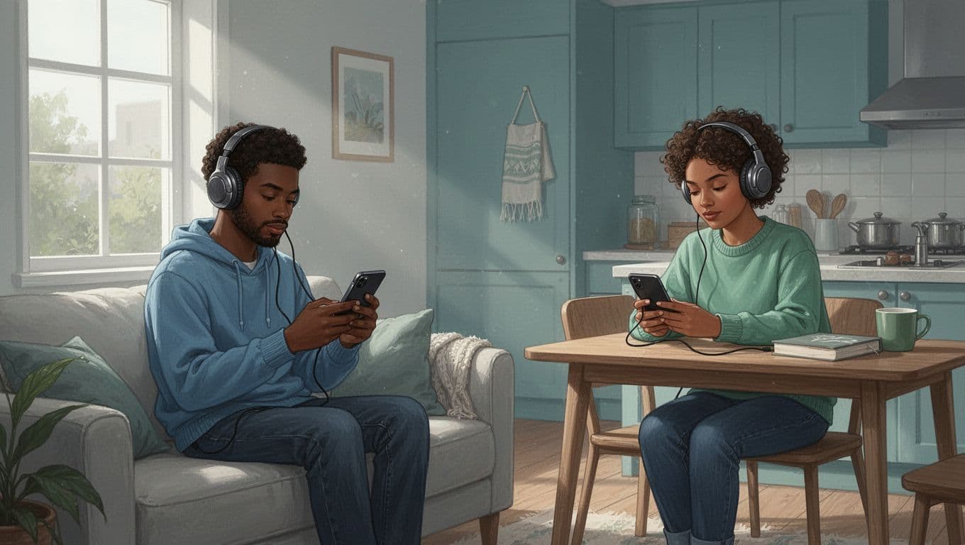 Two diverse listeners with headphones enjoy podcasts on phones in cozy home, one on couch, one at kitchen table.