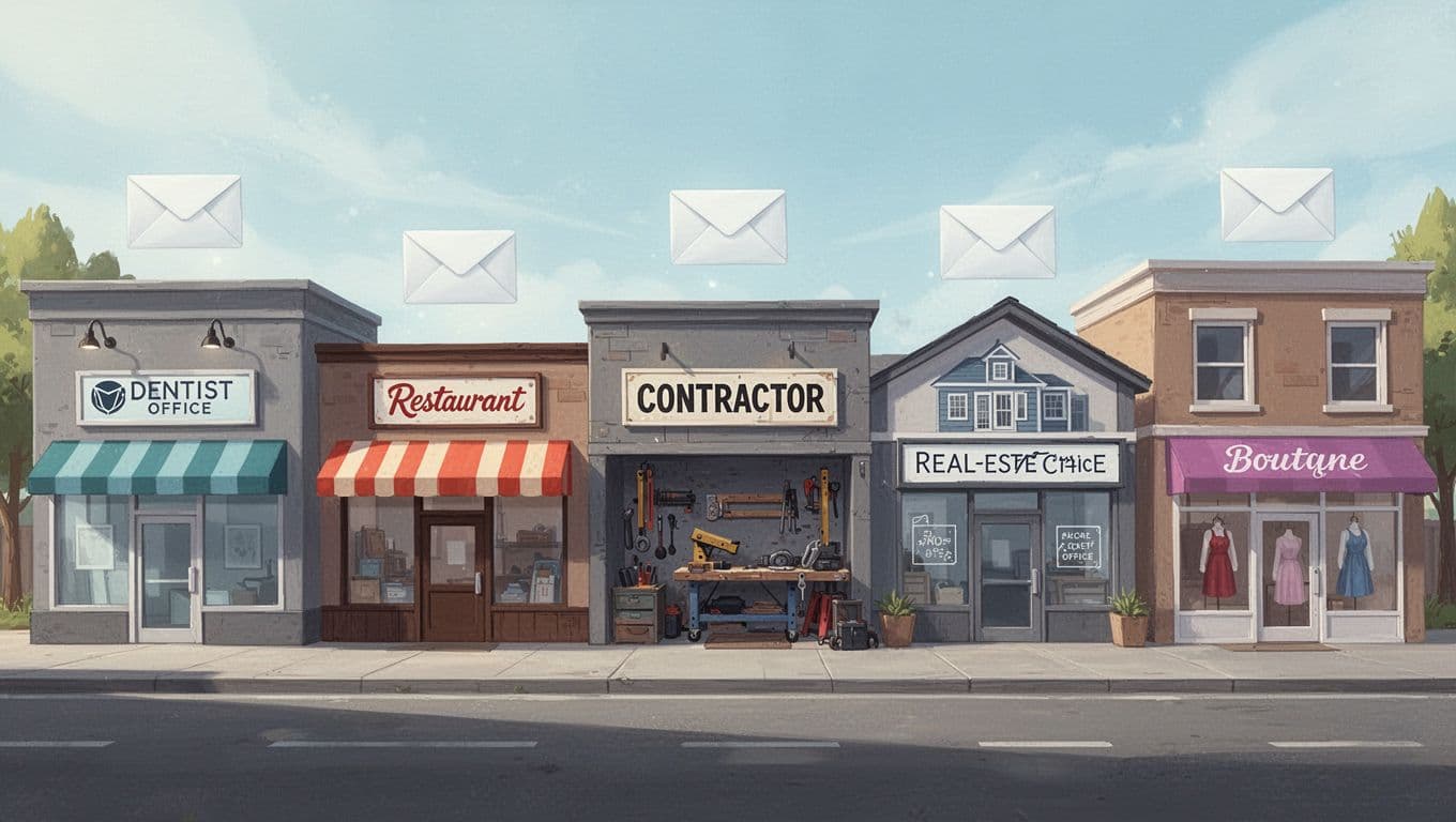 Modern illustration of small local business storefronts including dentist office, restaurant, contractor van, and real estate sign, each with subtle email envelope icons above, on a sunny street with exactly five buildings, clean shapes and strong composition.