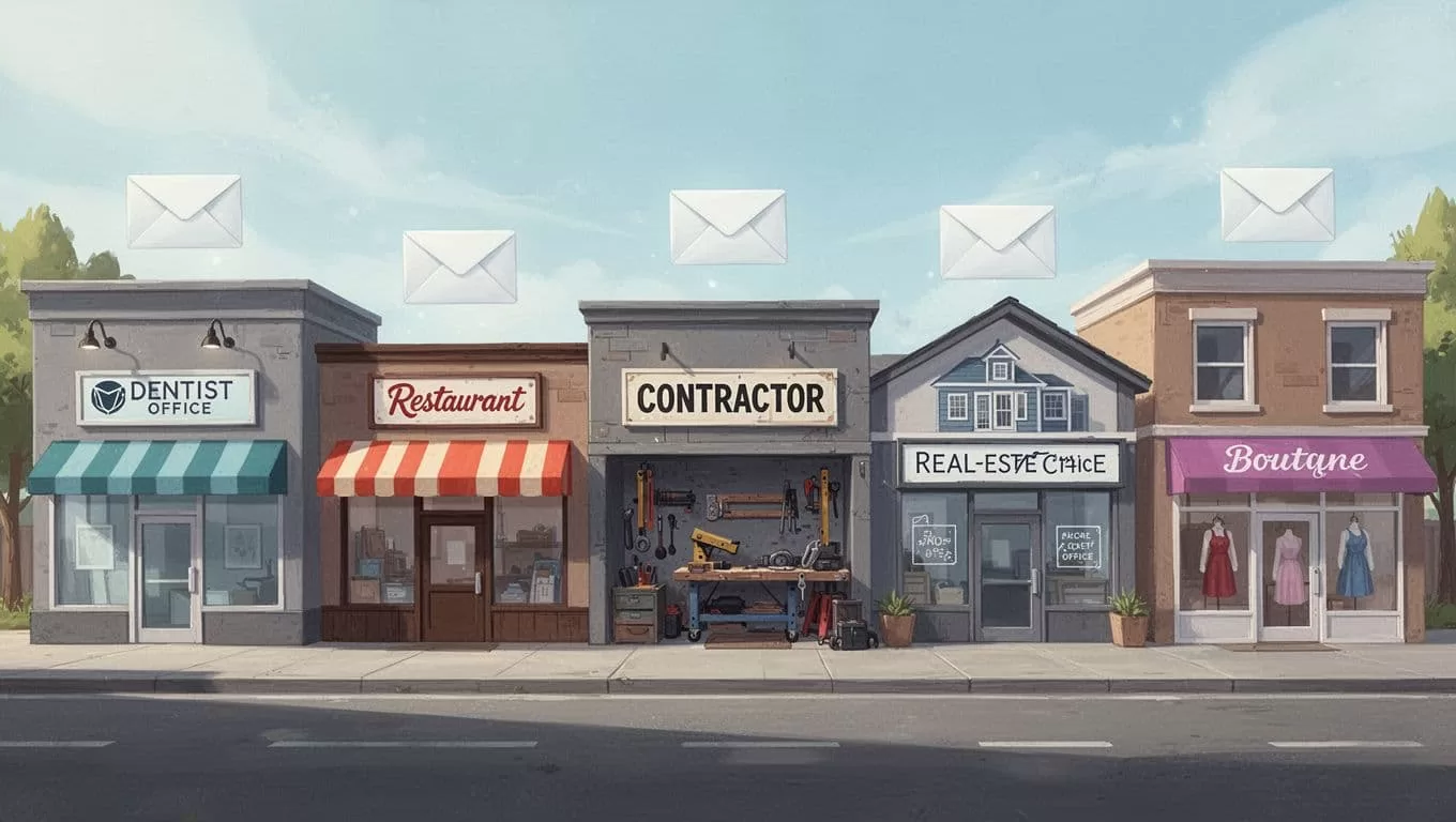 Modern illustration of small local business storefronts including dentist office, restaurant, contractor van, and real estate sign, each with subtle email envelope icons above, on a sunny street with exactly five buildings, clean shapes and strong composition.