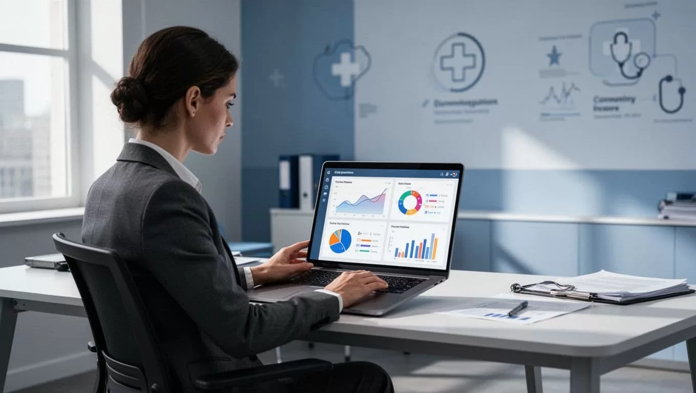 Laptop displays candidate pipelines, compliance status, and client jobs for locum tenens staffing; relaxed person at modern office desk with subtle medical icons.