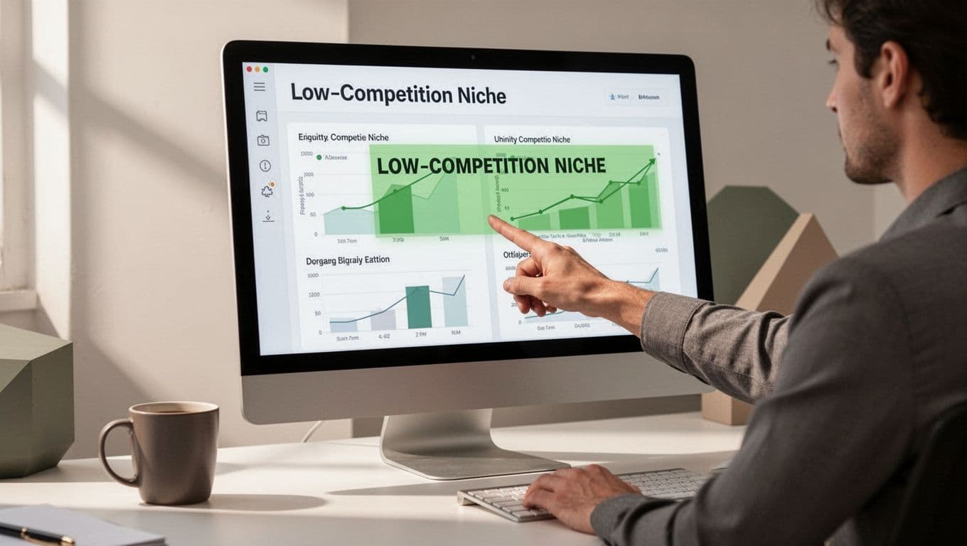 Modern side-view illustration of an office workspace showing charts comparing competition metrics, with a low competition niche highlighted in green on the screen, a relaxed hand pointing at the mouse, and a coffee mug nearby under soft lighting.