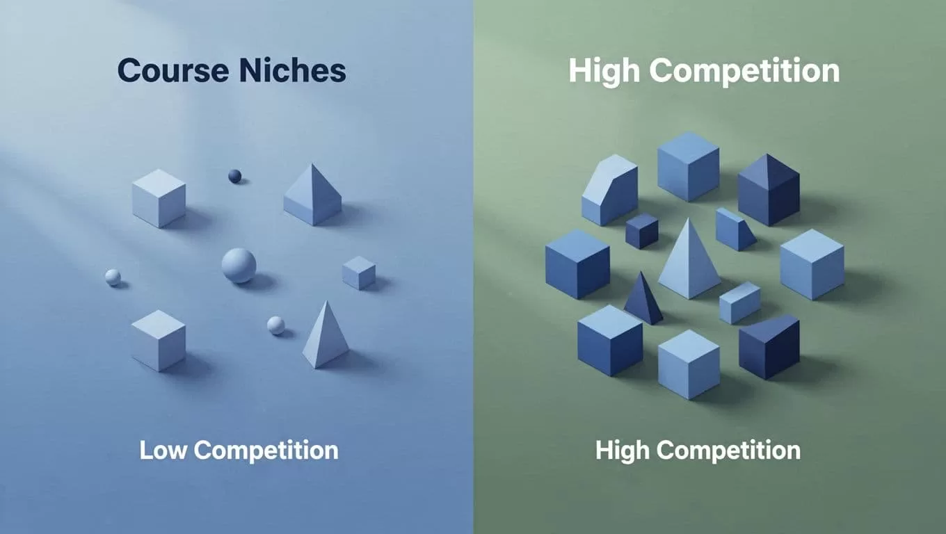 Modern blues and greens illustration with split scene: sparse icons for low competition niche on one side, balanced icons for high opportunity on the other, abstract for online course validation.
