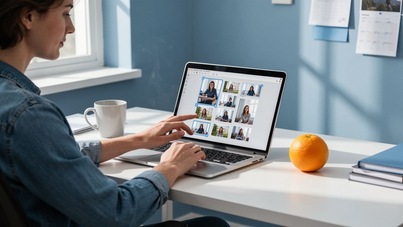 Illustration of a person in a cozy home office using Mac Preview to combine PDFs by dragging thumbnails on screen, with soft lighting and clean blues-whites palette.