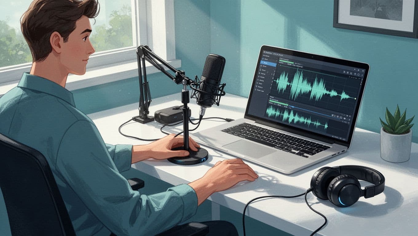 MacBook on desk displays Safari podcast interface with waveform; hand adjusts wireless mic stand nearby.