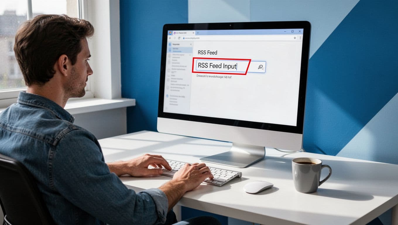 Desktop screen shows email automation interface with highlighted RSS feed input field, keyboard, mouse, coffee mug, and hands nearby.