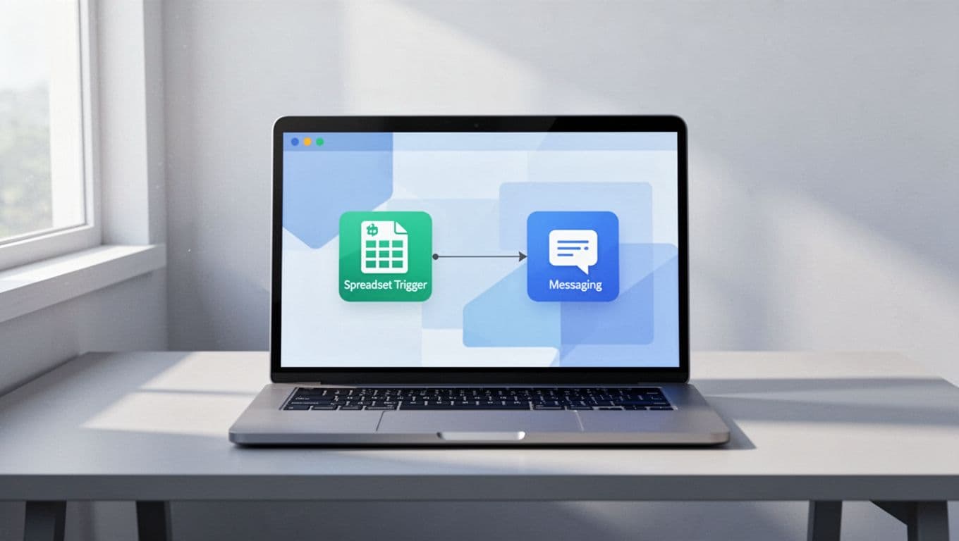 Modern illustration in blues and greens showing a laptop screen with Make.com dashboard: Google Sheets 'Watch New Rows' trigger connected to Slack 'Send a Message' action, on a simple desk with soft lighting.