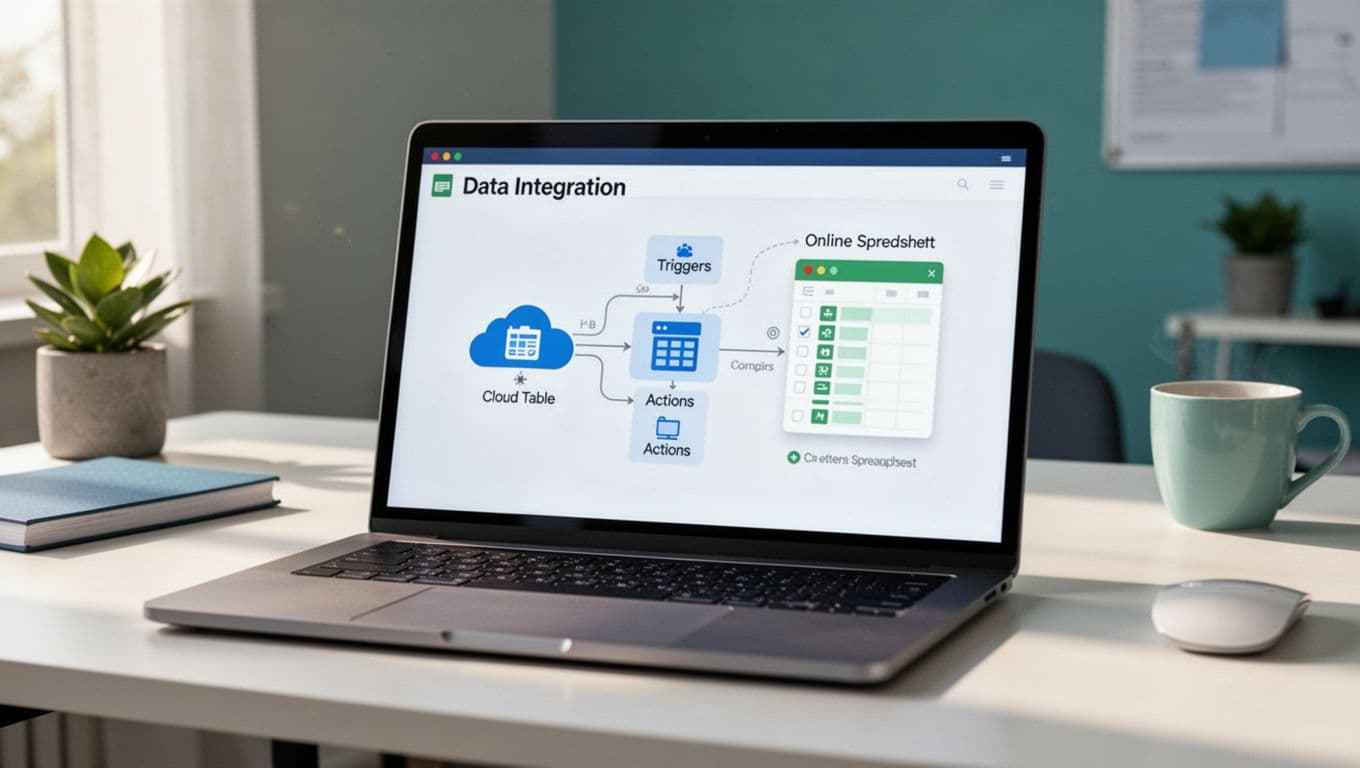 Modern illustration of a no-code automation dashboard showing modules connecting Airtable base to Google Sheets spreadsheet, with clean icons for triggers and actions on a laptop screen in a desk setup, soft natural lighting, blue and green palette, one laptop only.