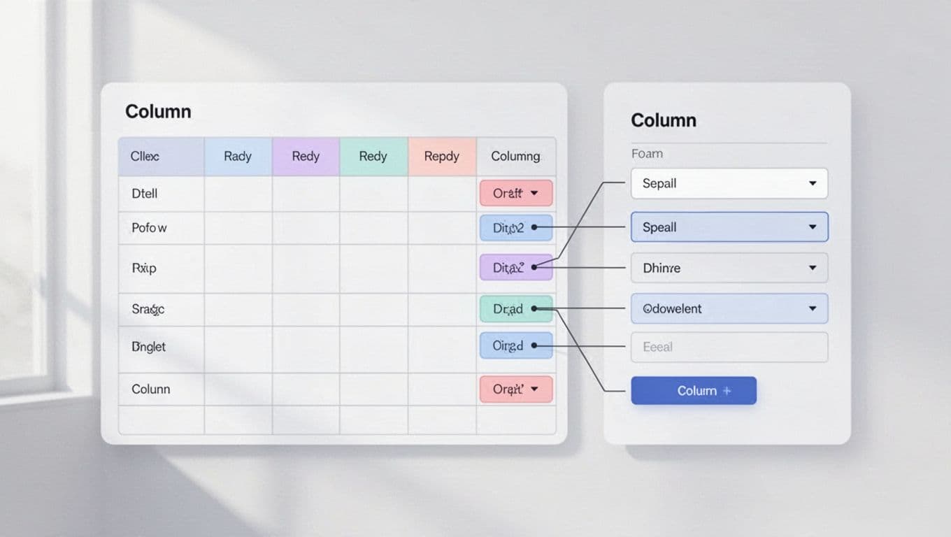 Modern illustration depicting an Airtable table with columns such as Name, Email, and Message alongside form fields and dropdowns, connected by mapping data lines in a clean grid layout with soft lighting.