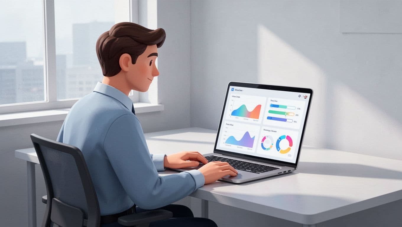 Modern illustration of a single marketer at a minimalist desk in a sunlit office, with laptop showing abstract A/B test dashboard including variant previews and traffic sliders.