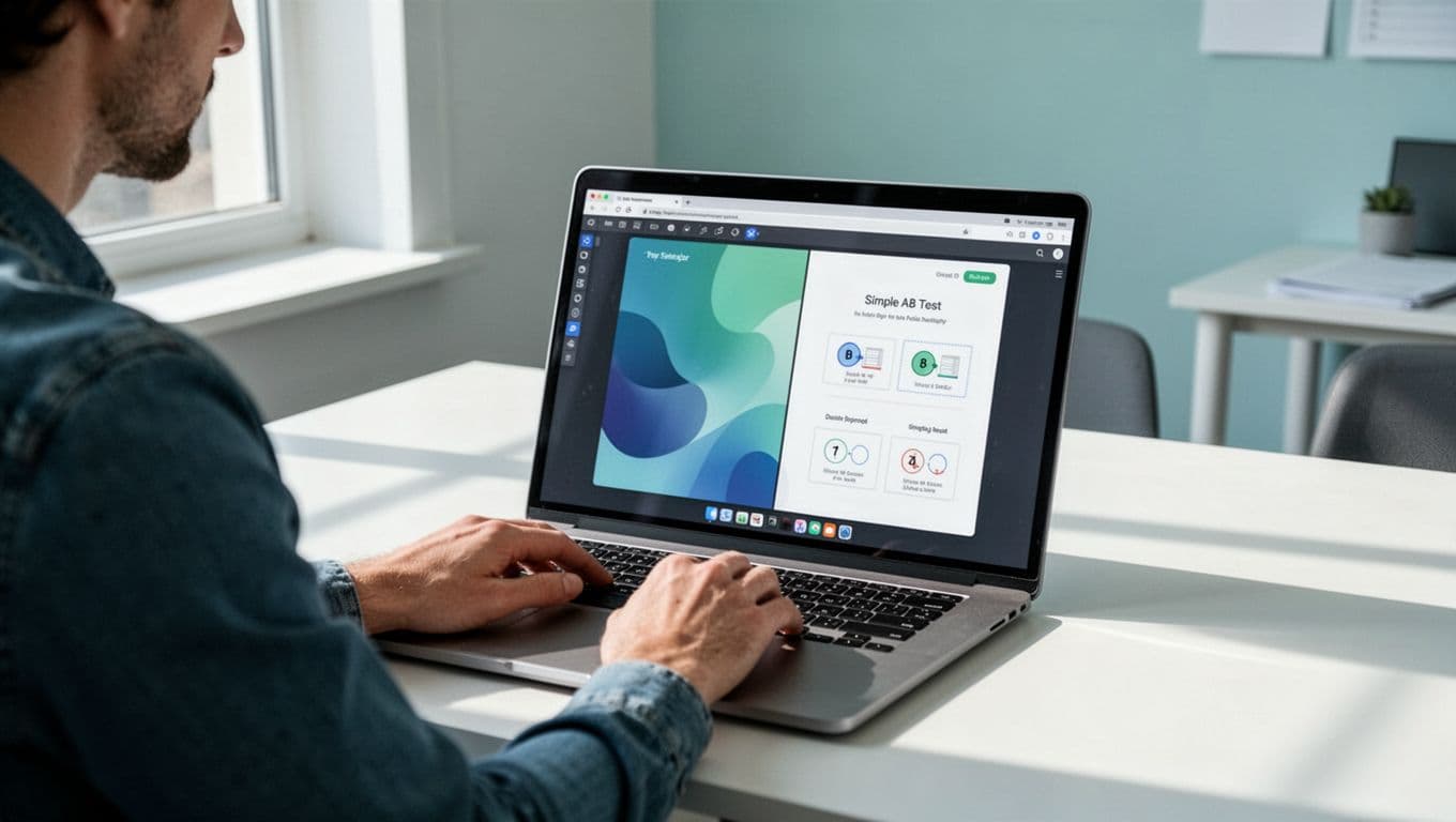 Modern illustration of a marketer at a clean desk with laptop open to Mida.so visual editor dashboard, showing simple A/B test setup on a website preview in a light office setting.