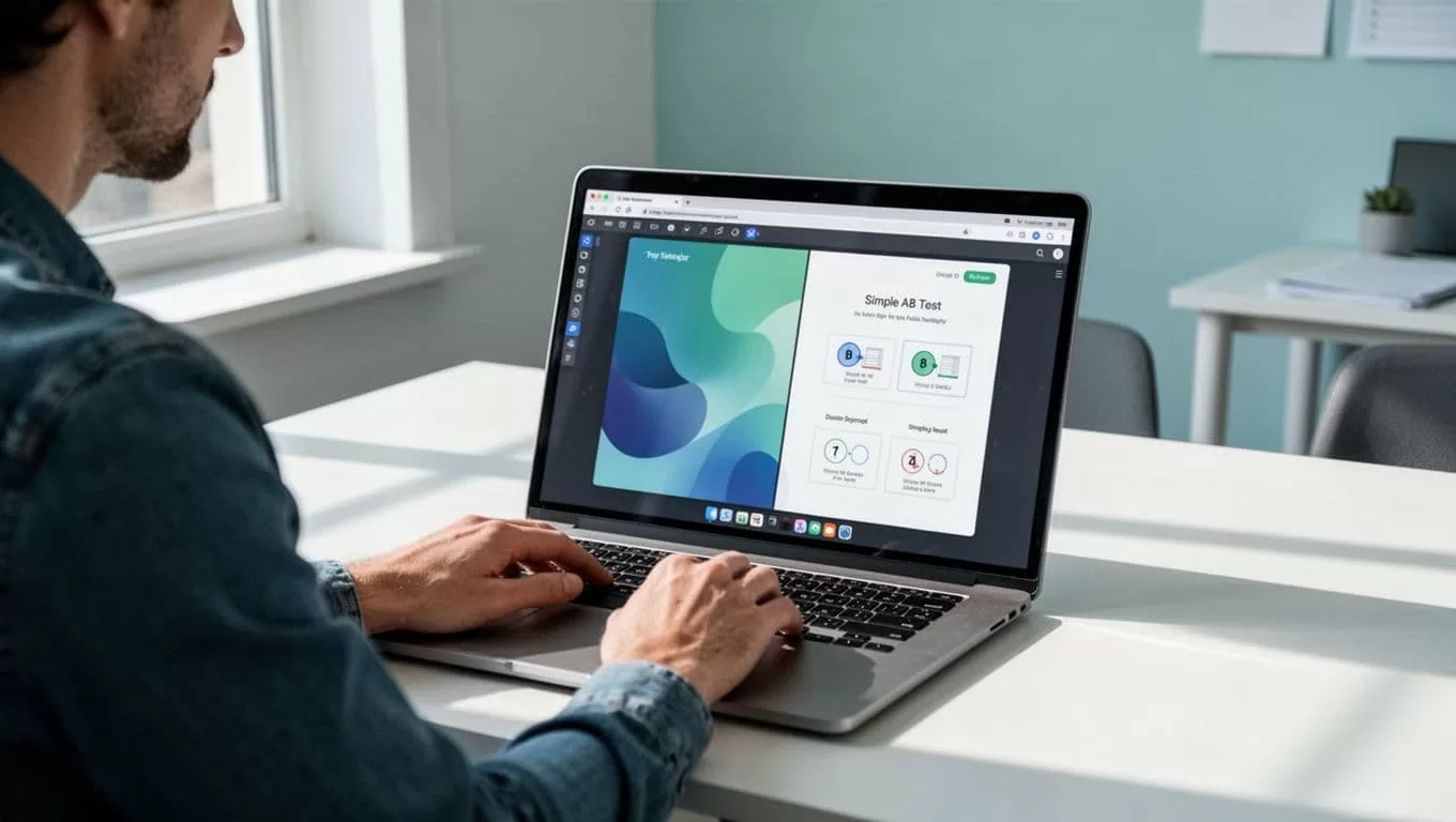 Modern illustration of a marketer at a clean desk with laptop open to Mida.so visual editor dashboard, showing simple A/B test setup on a website preview in a light office setting.