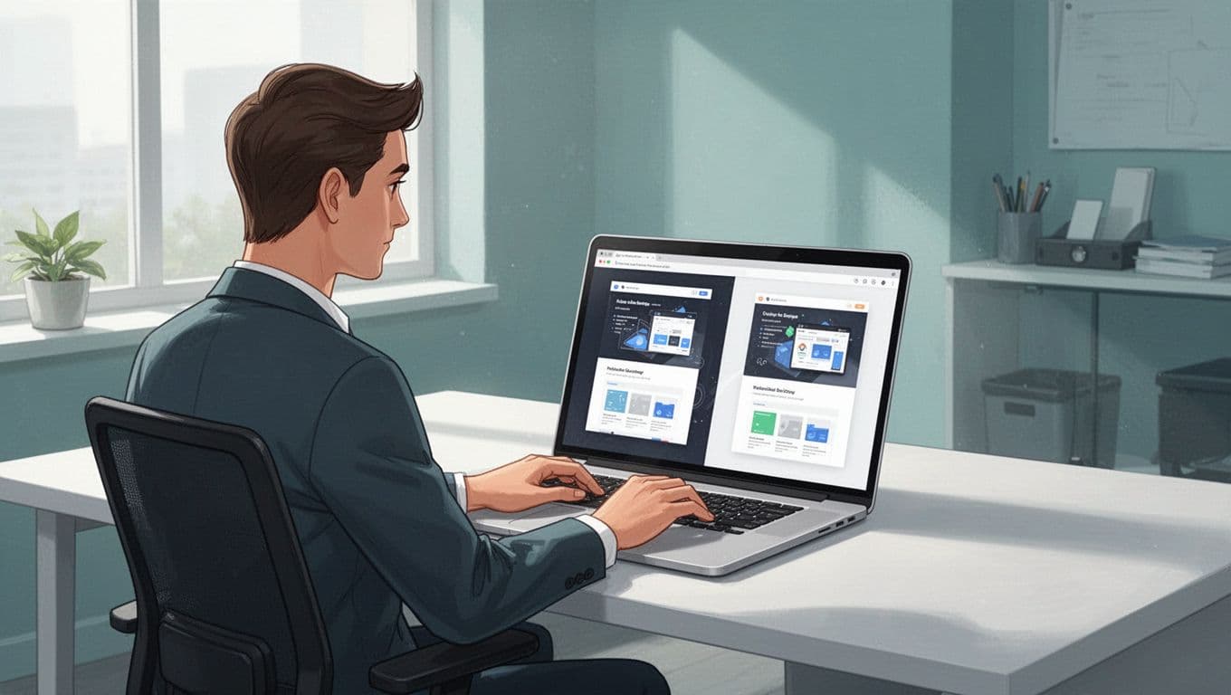 Modern illustration of a marketer at a desk with laptop showing split-screen website A/B test variants for headlines and CTAs, in a clean office with bright natural lighting and blue-green palette.