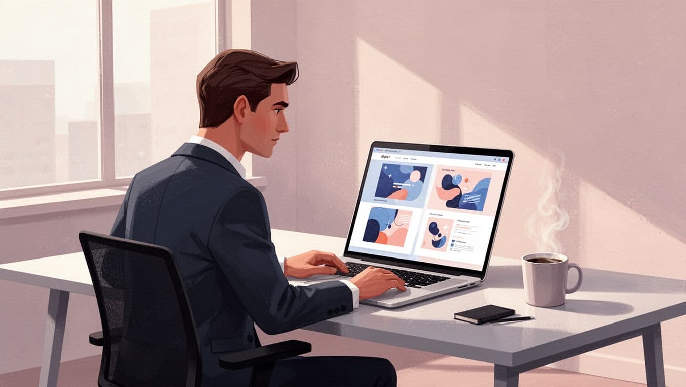 Modern illustration of a marketer at a desk reviewing A/B test results on a split-screen laptop showing two website variants, with a coffee mug nearby in a softly lit office.