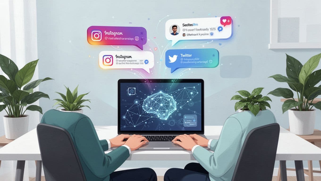 A focused marketer sits at a modern home office desk with a laptop displaying an abstract AI interface, from which colorful social media captions for Instagram and Twitter emerge as speech bubbles.