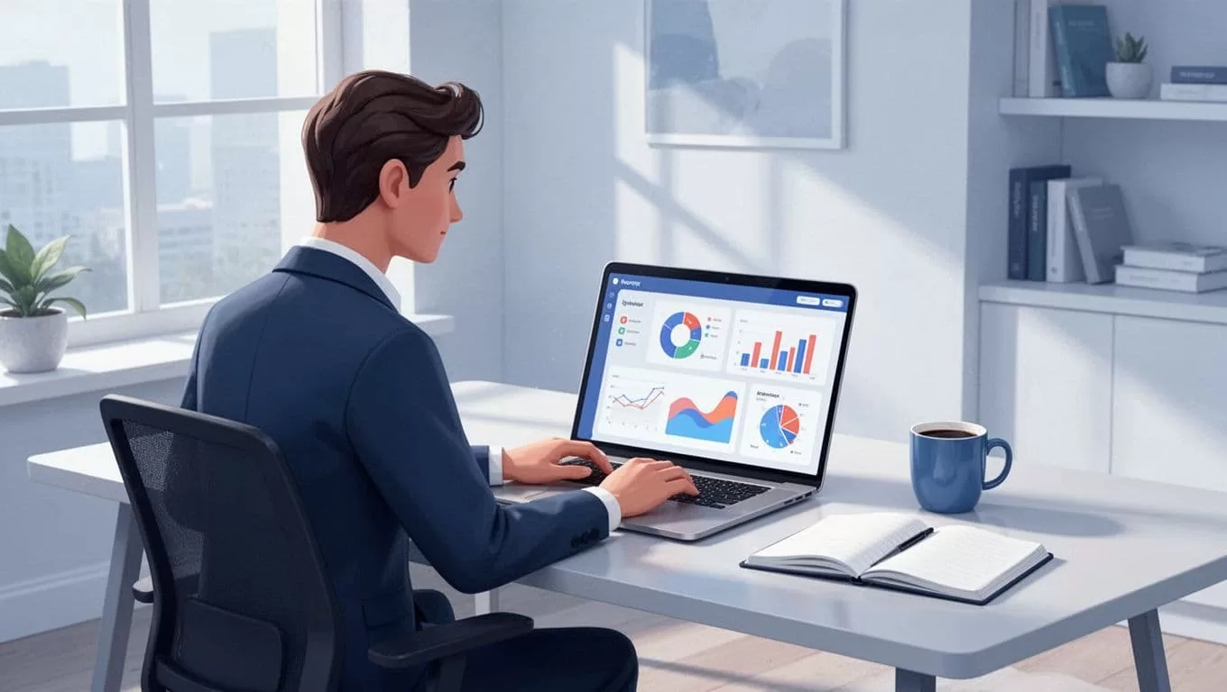 A single marketer sits relaxed at a clean modern desk in a bright home office, with a laptop showing an abstract AI content generation dashboard, coffee mug and notebook nearby, in a modern illustration style with cool blue and white tones.